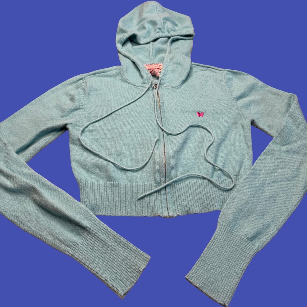 Aeropostale Womens Zip Hoodie Medium Blue Knit Cropped Butterfly Y2K Rabbit Hair